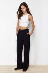 Black Straight/flat Cut Back Belt Buckle Detailed Woven Pants Twoss24pl00068