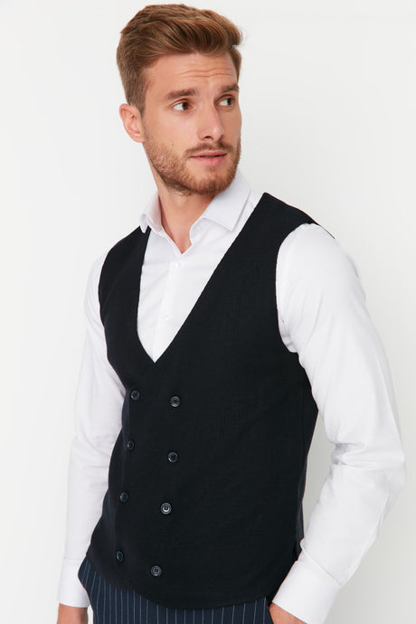 Navy Blue Men's Slim Fit Double-breasted Buttoned Vest Tmnaw21ye0014