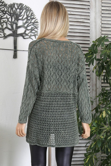 Lemon Mold V Neck Long Sleeve Tie Wash Openwork Jacquard Knitwear Long Fit Blouse M10010200bl92607