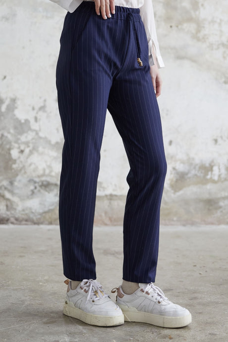 Line Pattern Elastic Trousers - Navy Ms00mb100022-1