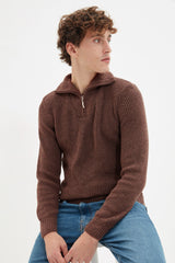 Brown Mens Regular Zipper Fisherman Sweater Tmnaw22kz0347