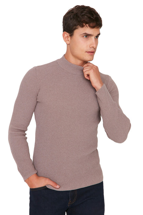 Brown Men's Fitted Slim Fit Half Turtleneck Ribbed Knitwear Sweater Tmnaw21kz0568