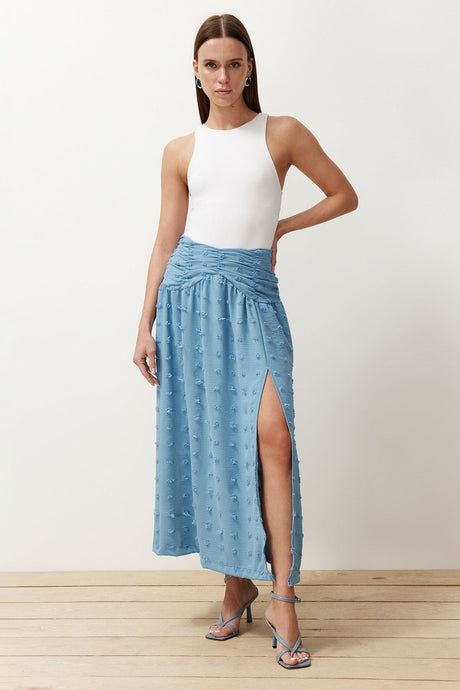 Blue Textured Maxi Woven Skirt Twoss24et00176