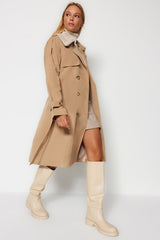 Beige Oversize Wide Cut Collar Plush Detailed Water Repellent Long Trench Coat Twoaw24tr00010