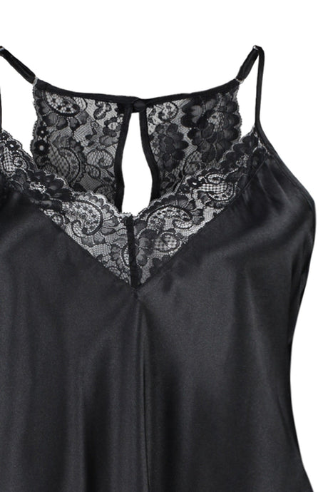 Black Satin Woven Collar Lace Pajama Set Tbbss23ai00020