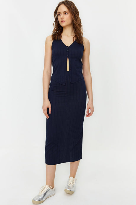 Navy Blue Ribbed Button Detailed Stretch Midi Skirt Knitted Bottom Top Suit Twoss24au00003