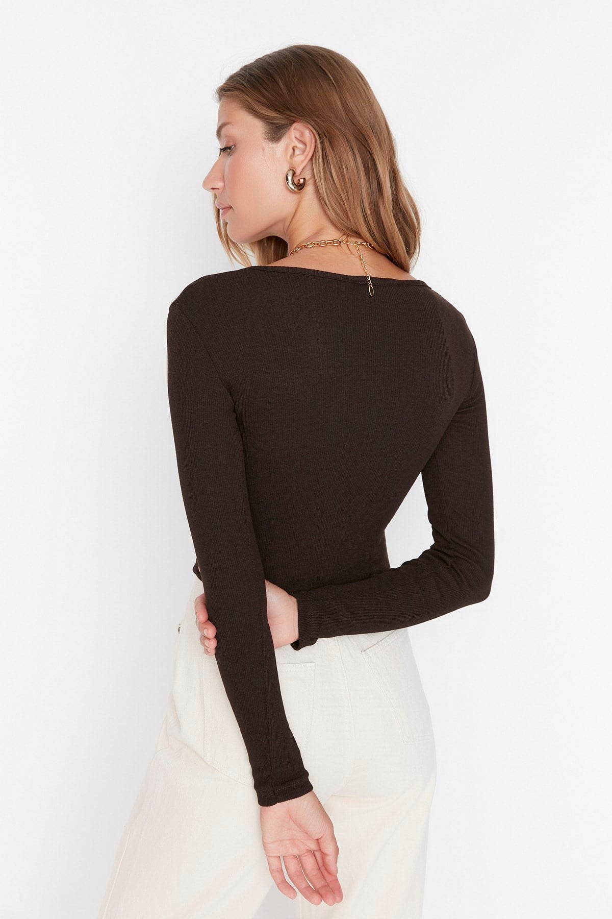 Anthracite Stitching Detailed Fitted/body-fitting Crop Ribbed Stretch Knit Blouse Twoaw22bz0530