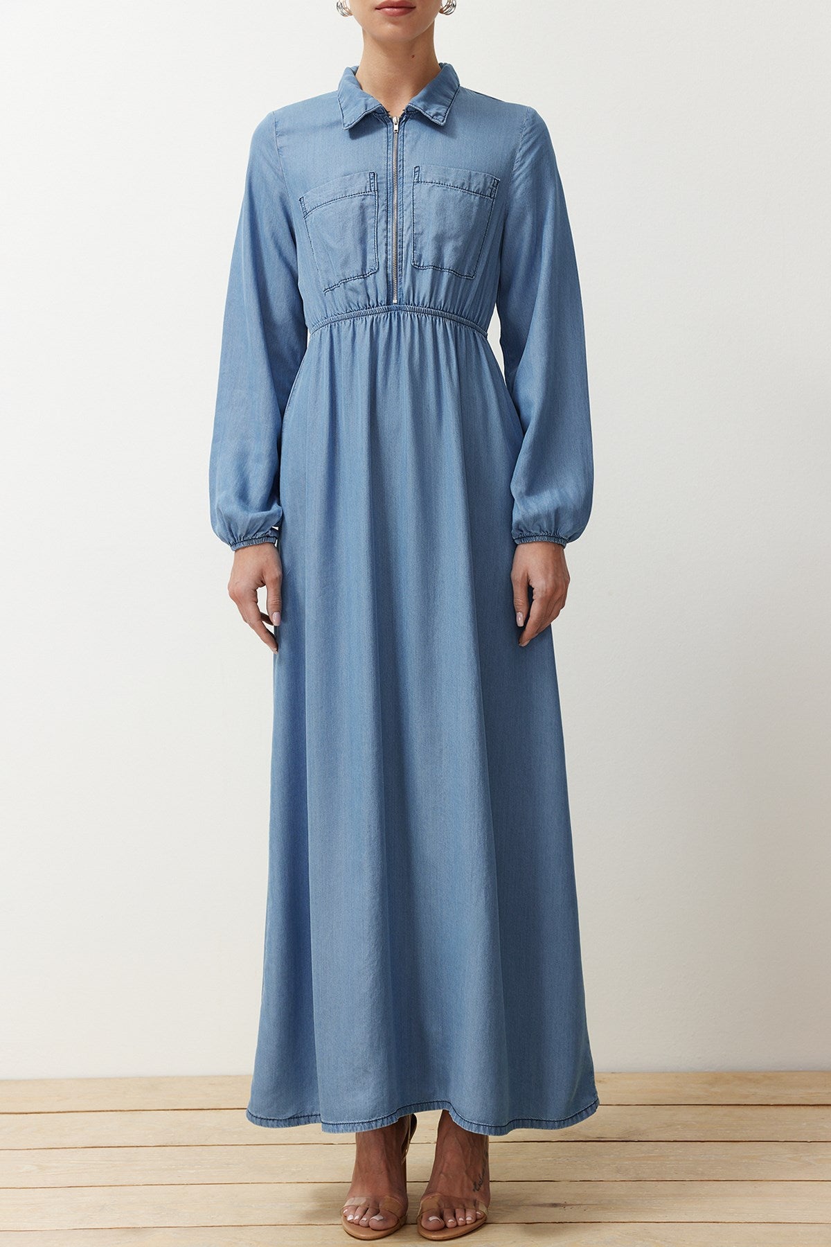 Dark Blue Midi Denim Modest Dress Twoss24el00834