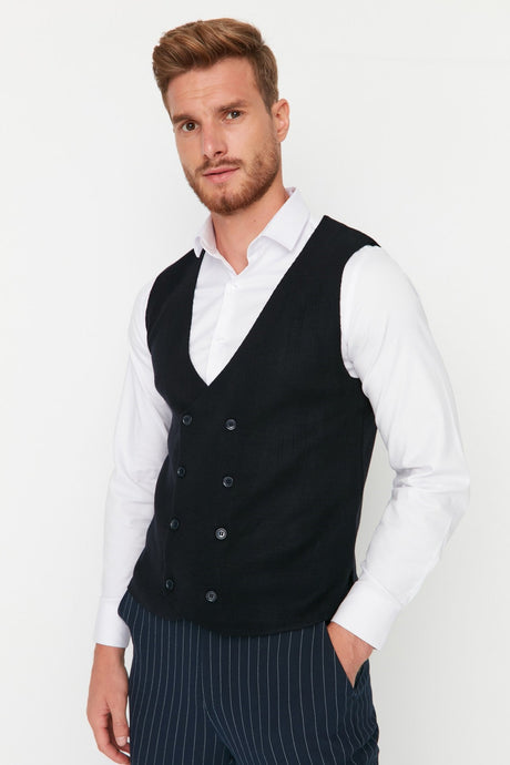 Navy Blue Men's Slim Fit Double-breasted Buttoned Vest Tmnaw21ye0014