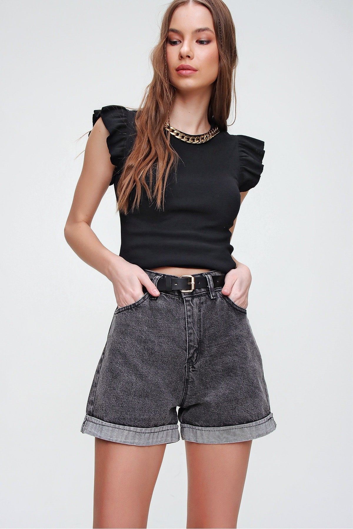 Women's Anthracite Double Leg High Waist Denim Shorts Alc-x5938