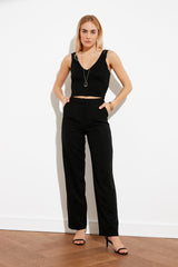 Black Straight Cut Wide Leg Pleated Woven Pants Twoss21pl0155