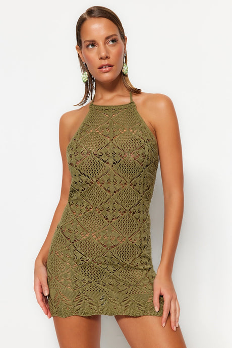 Khaki Body Fitting Mini Knit Back Neckline Knit Look Beach Dress Tbess23el00240