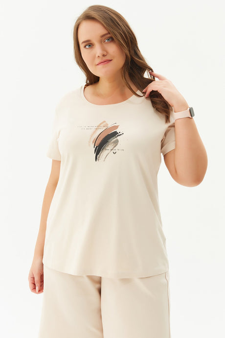 Women's Cream Plus Size Cotton Printed Short Sleeve Sport&casual T-shirt 0281 Tb22wl07s0281-1