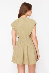 Khaki Mini Woven Cut Out/window Linen Blended Beach Dress Tbess24el00075