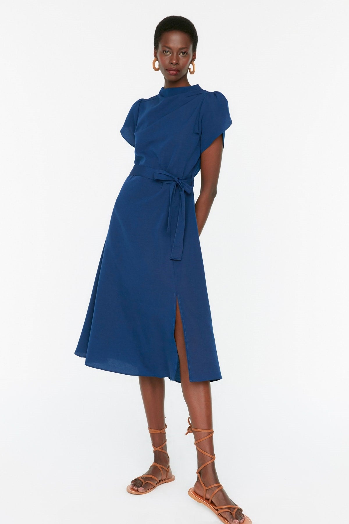 Navy Blue Belted Skater/slit Sleeve Detailed Midi Woven Dress Twoss22el0115