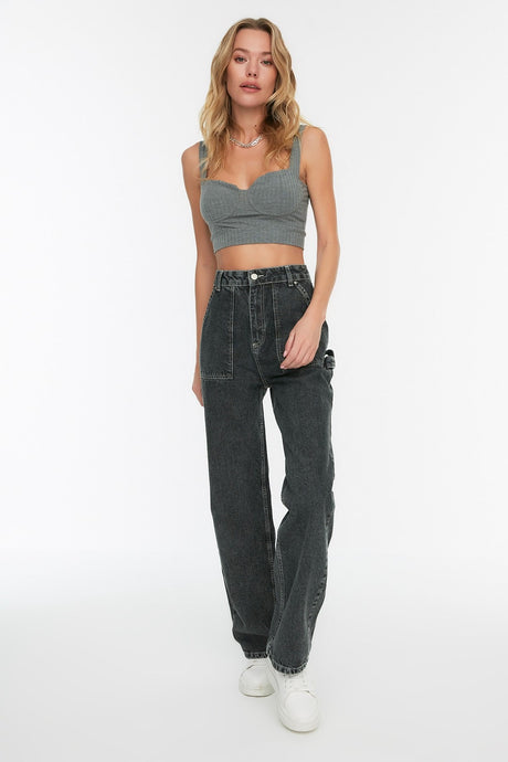 Anthracite Pocket Detailed High Waist Wide Leg Jeans Twoaw22je0595 Twoaw22je0664