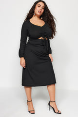 Black Window/cut Out Detailed Ruffle Knit Dress Tbbaw23ah00080