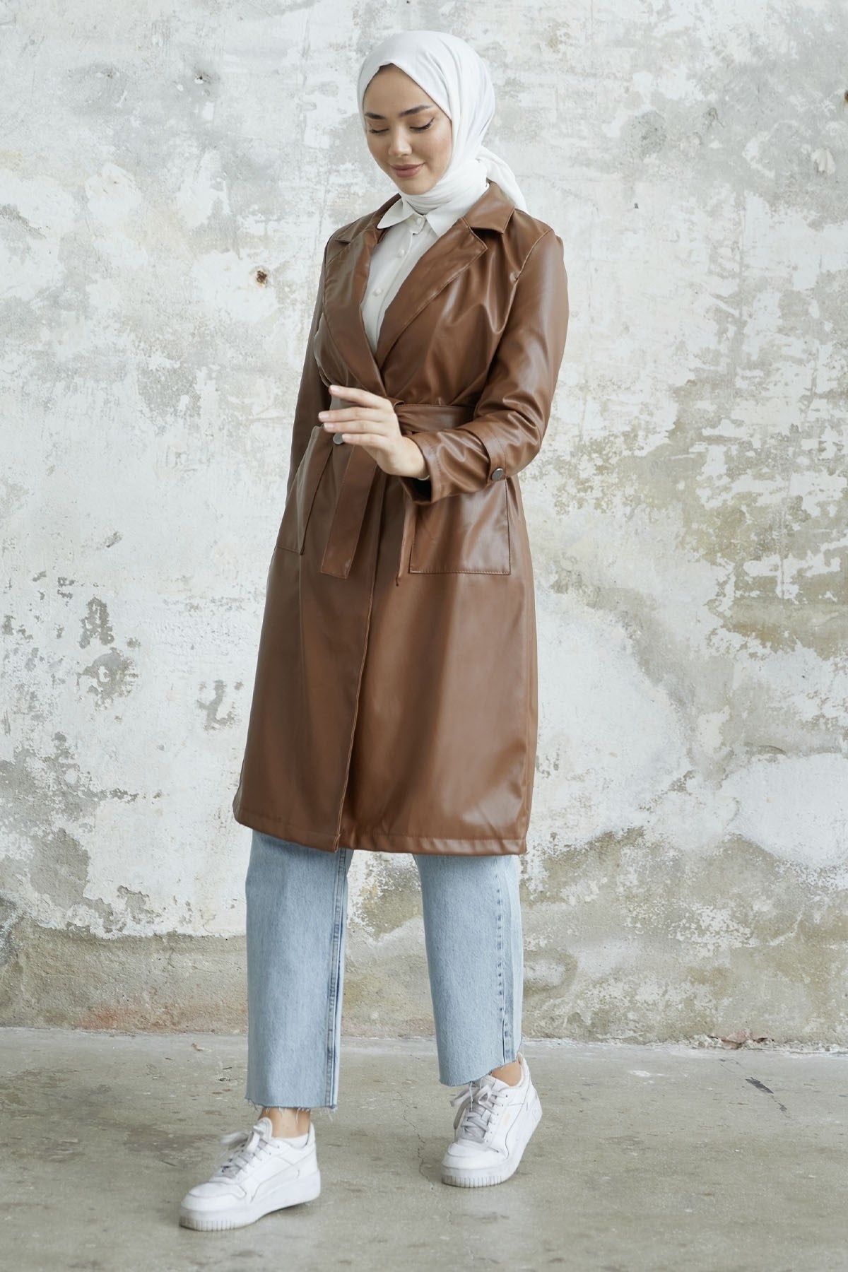 Ayora Double Breasted Collar Leather Trench - Taba Ms00or9834