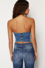 Dark Blue Stitching Detailed Strapless Denim Bustier Twoss24bs00009