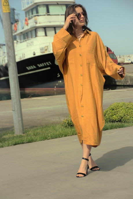 Women's Mustard Linen Bat Sleeve Plus Size Fits Tunic Shirt Dress Burkini Tunic Yb3282260