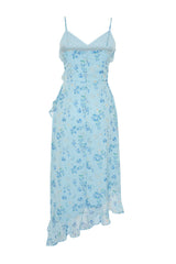 Blue Floral Ruffled A Cut Chiffon Lined Maxi Woven Dress Twoss24el00692