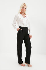 Black Straight Cut Wide Leg Pleated Woven Pants Twoss21pl0155