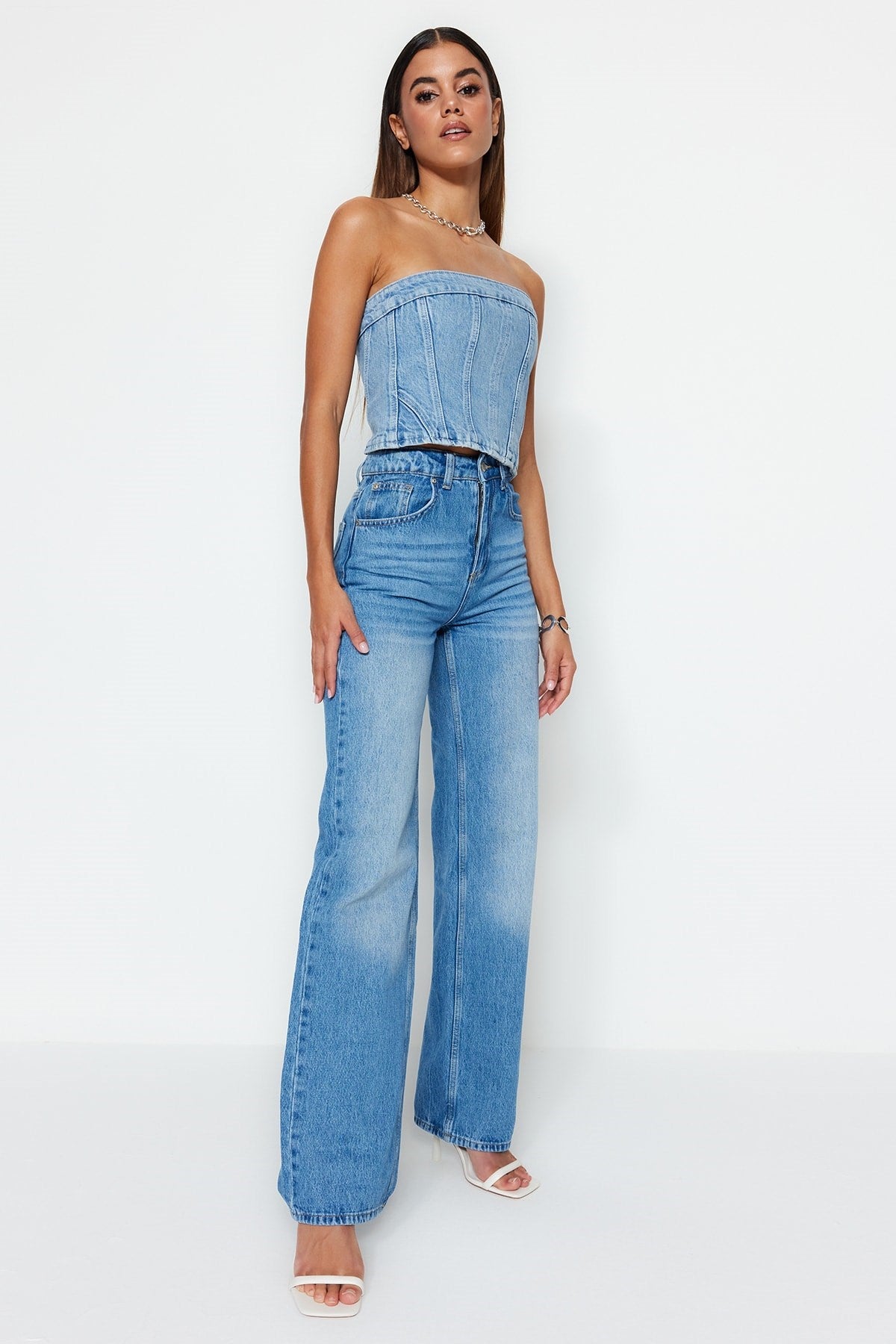 Blue High Waist Wide Leg Jeans Twoss23je00083