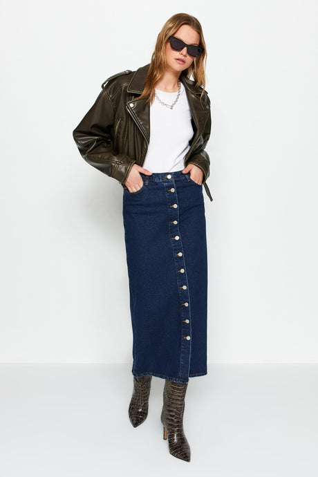 Black Button Closure Denim Jeans Skirt Tctss23ee00024