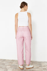 Pink Striped High Waist Barrel Jeans Twoss24je00287