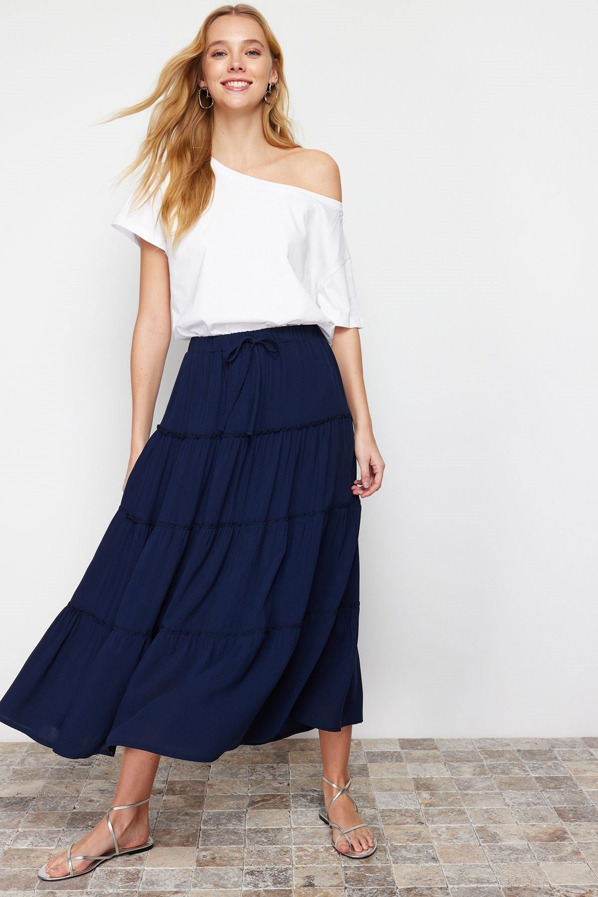 Navy Blue Waist Ruffle Detail Flared Maxi Length Woven Skirt Twoss24et00098