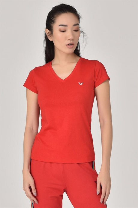 Red Women's V Neck Short Sleeve 100% Cotton Basic Solid Color Short Sleeve Casual Sports T-shirt 808