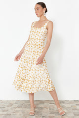 Yellow V-neck Midi Woven Floral Embroidery Dress Twoss24el00796