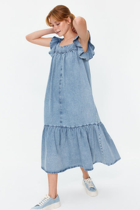 Light Blue Ruffled Oversize Maxi Denim Dress Twoss24el00368