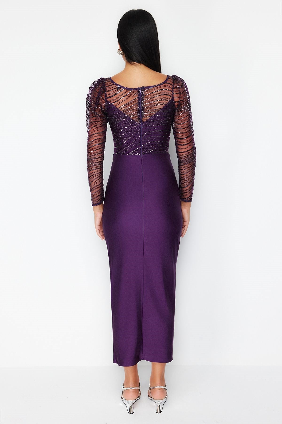 Purple Tulle Detailed Knitted Elegant Evening Dress Tprss24ae00103