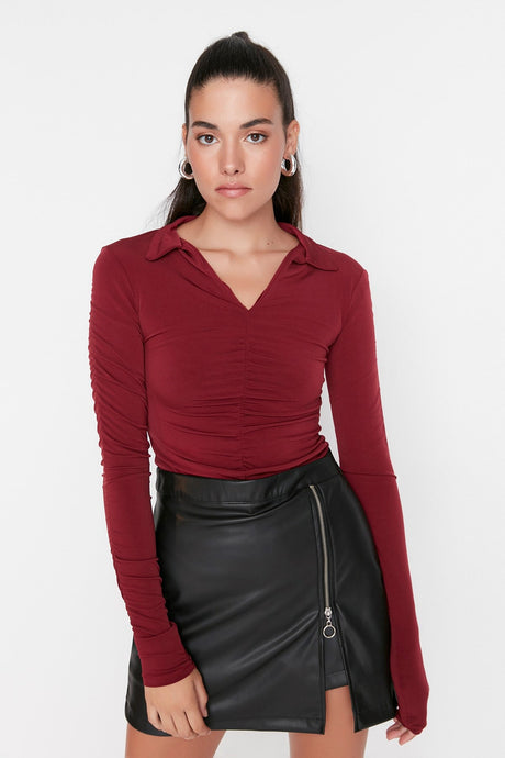 Burgundy Slim Ruffle Polo Neck Stretch Knitted Blouse Twoaw23bz00249