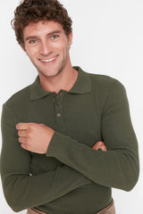 Khaki Men's Fitted Slim Fit Polo Collar Buttoned Ribbed Knit Sweater Tmnaw21kz0567