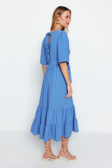 Indigo Belted A-cut Double-breasted Neckline Back Detailed Midi Woven Dress Twoss23el02164