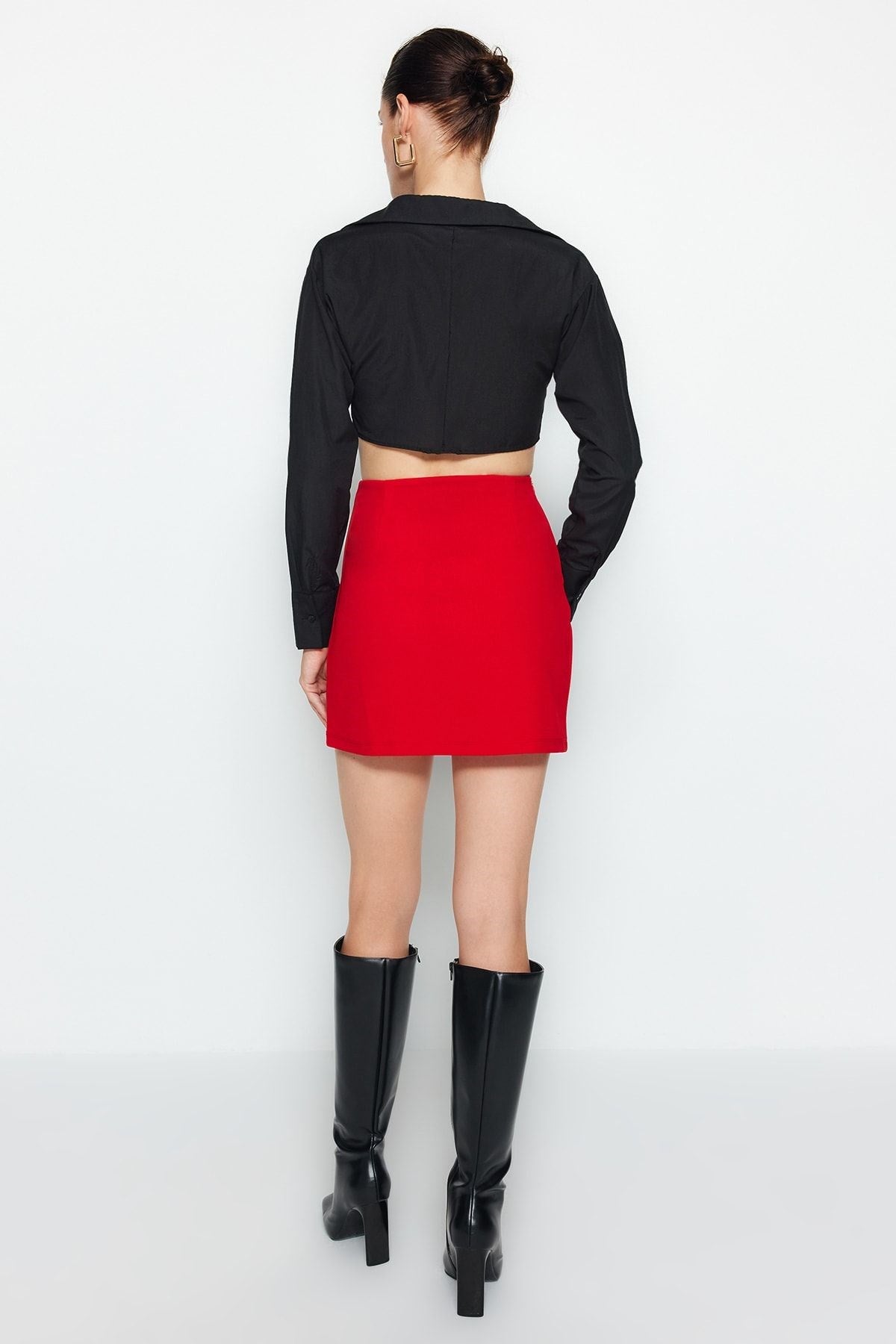 Black Smart Crepe Button Detailed Mini Pencil Flexible Knitted Skirt Twoaw24et00025