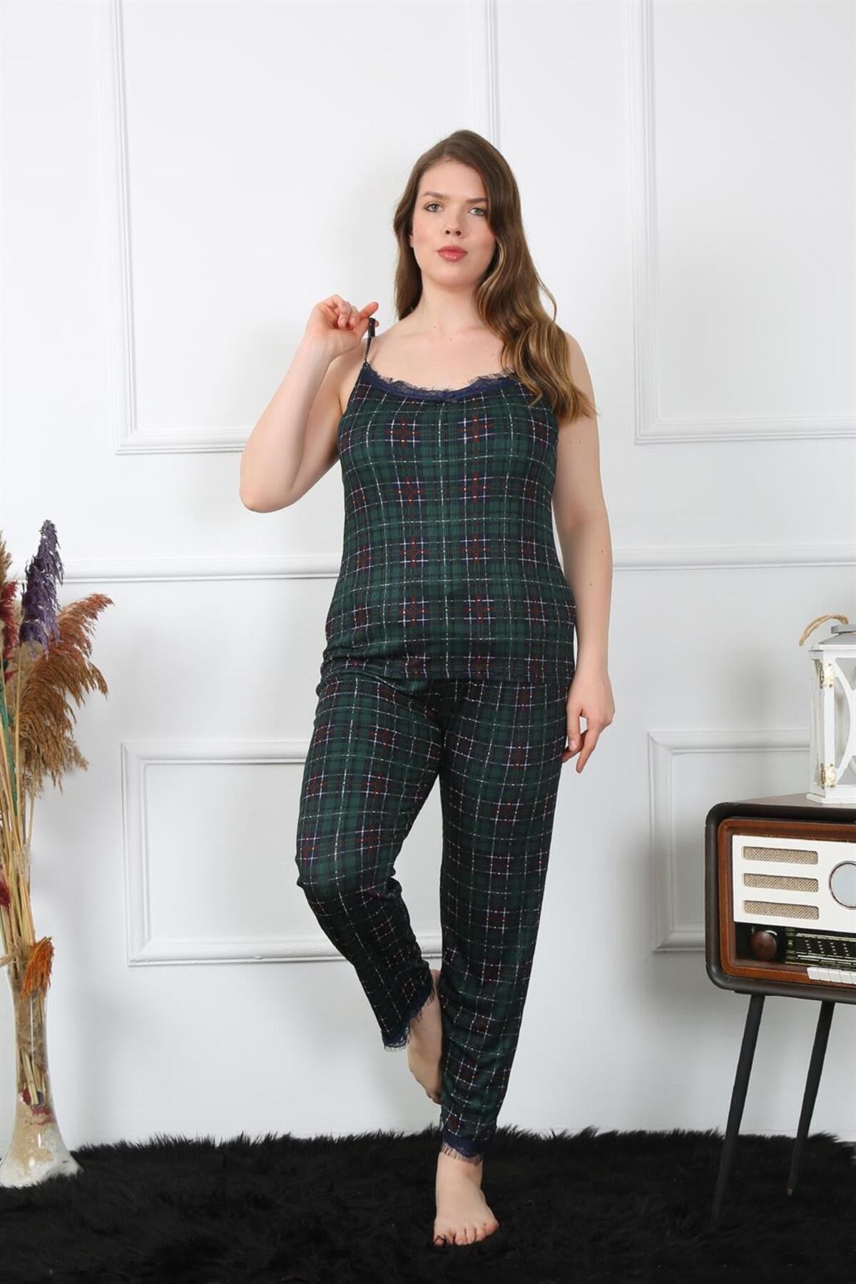 Women's Plus Size Red Plaid Rope Strap Sleepwear Set 202197