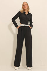 Women's Black Belt Connecting Pleated Double Pockets Palazzo Pants Alc-x11313