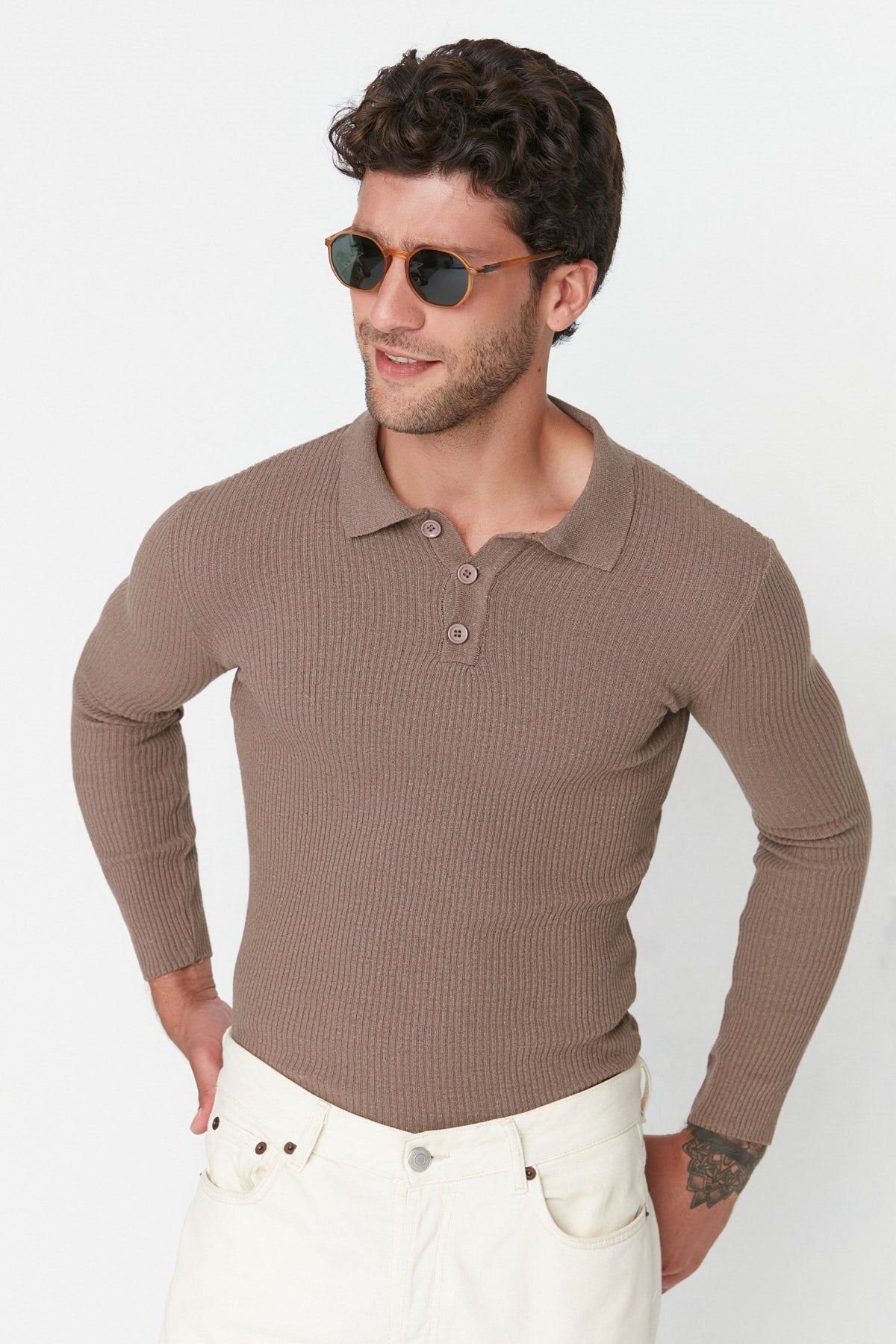 Khaki Men's Fitted Slim Fit Polo Collar Buttoned Ribbed Knit Sweater Tmnaw21kz0567