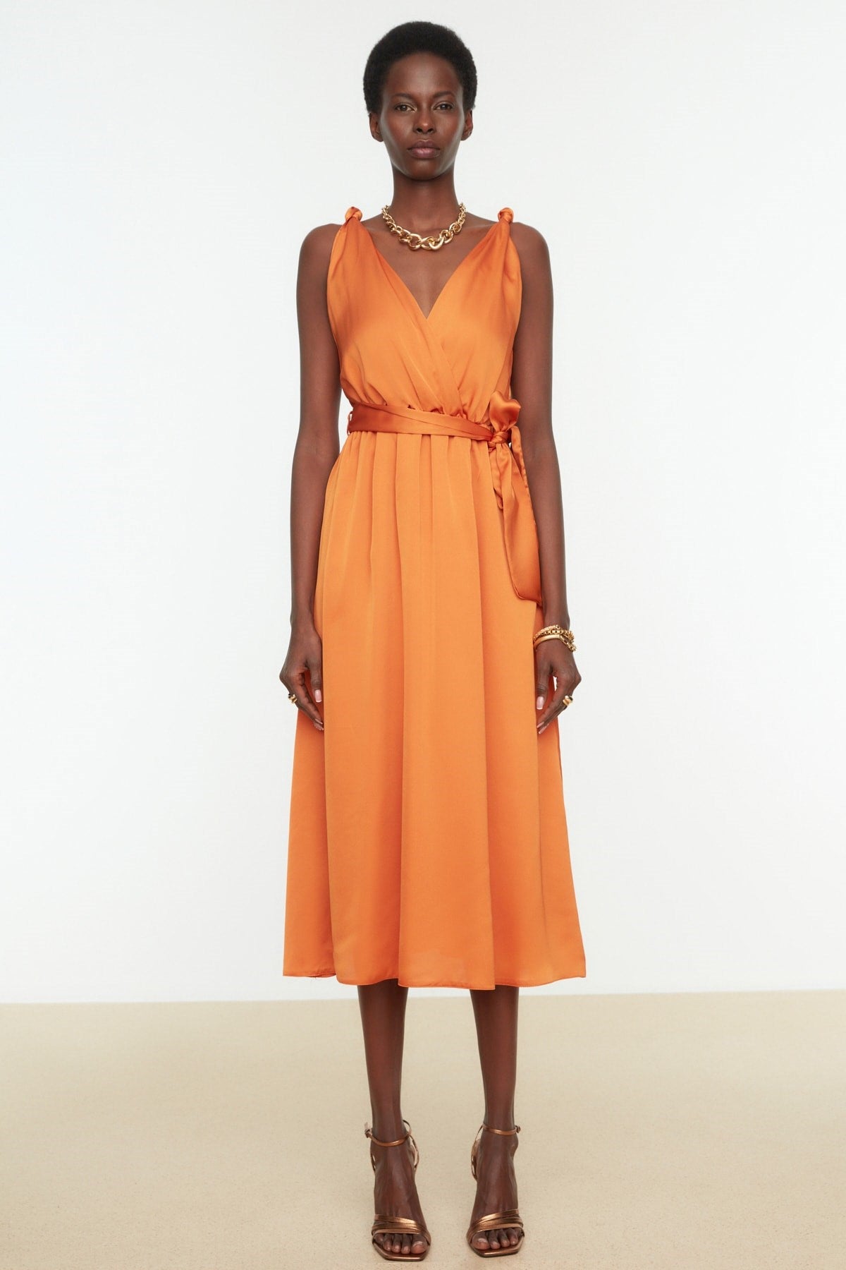 Orange Belted Woven Satin Elegant Evening Dress Tprss22ae0047 Tprss19bb0283