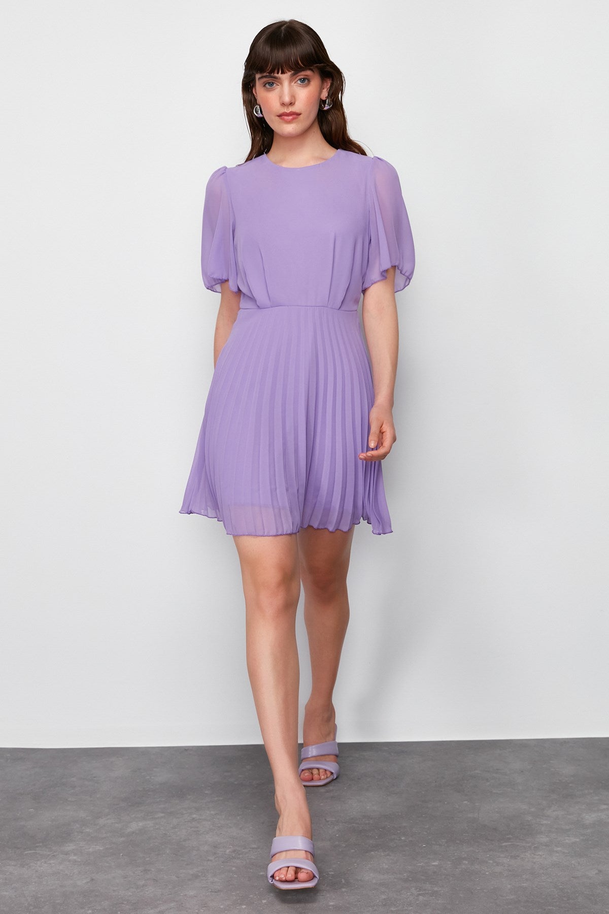 Purple Skirt Pleated Lined Chiffon Mini Woven Dress Twoss24el00716