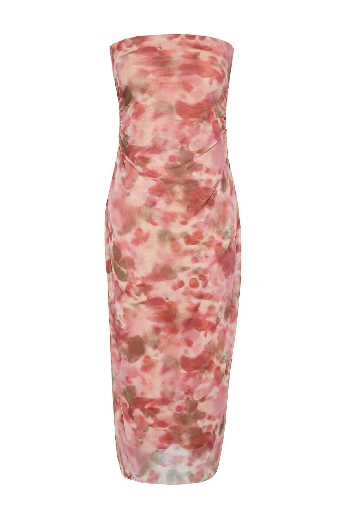 Pink Ruffle/drape Detailed Abstract Patterned Body Fit Maxi Flexible Knitted Pencil Dress Twoss24el0