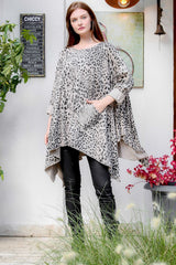 Women's Navy Italian Leopard Pattern Sequin Pocket Detailed Oversized Tunic M10010500tn99595