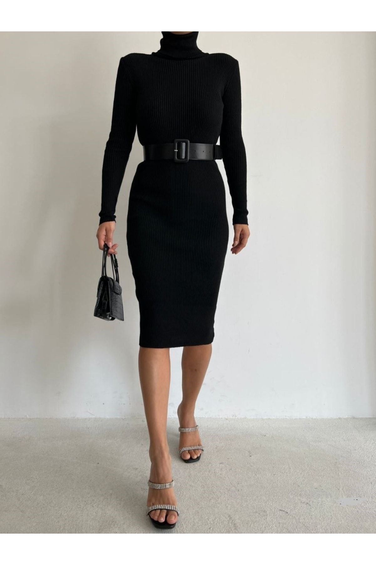 Belt Detail Turtleneck Black Color Knitwear Midi Length Evening Dress And Graduation Dress 0167 712