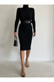 Belt Detail Turtleneck Black Color Knitwear Midi Length Evening Dress And Graduation Dress 0167 712