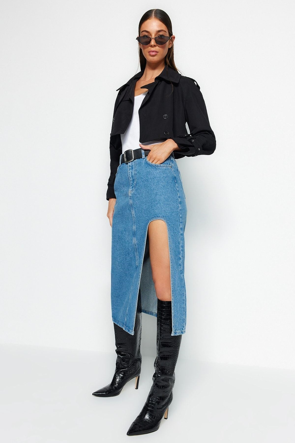 Blue Slit Midi Denim Skirt Twoaw24et00086