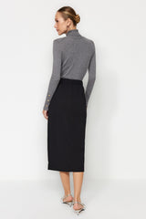 Black Smart Crepe Button Detailed High Waist Midi Pencil Flexible Knitted Skirt Twoss23et00320