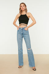 Blue Ripped Detailed High Waist Flare Jeans Twoss22je0440